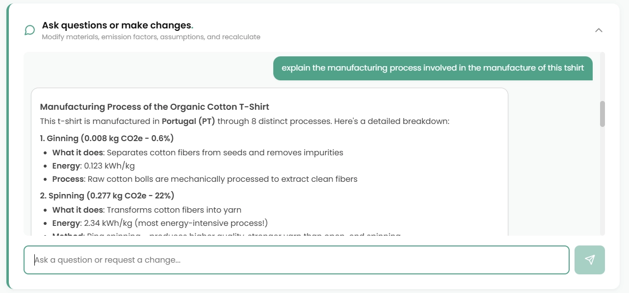 AI chat interface showing manufacturing process breakdown and report modifications